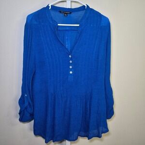 Zac‎ & Rachel Women's Blue Roll Sleeve Button Up Tunic Top sz L